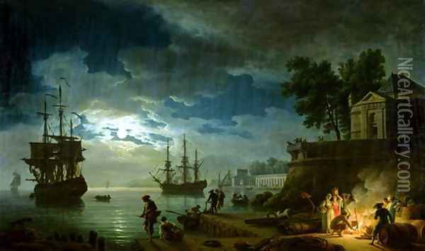 Night A Port in the Moonlight, 1748 Oil Painting - Claude-joseph Vernet