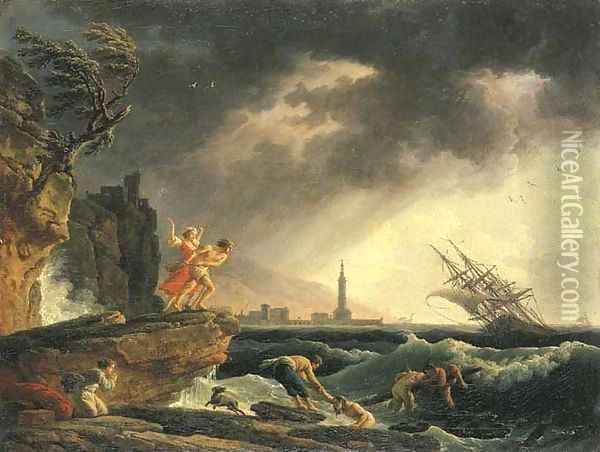 A stormy coastal seascape with survivors from a shipwreck on a rocky outcrop Oil Painting - Claude-joseph Vernet