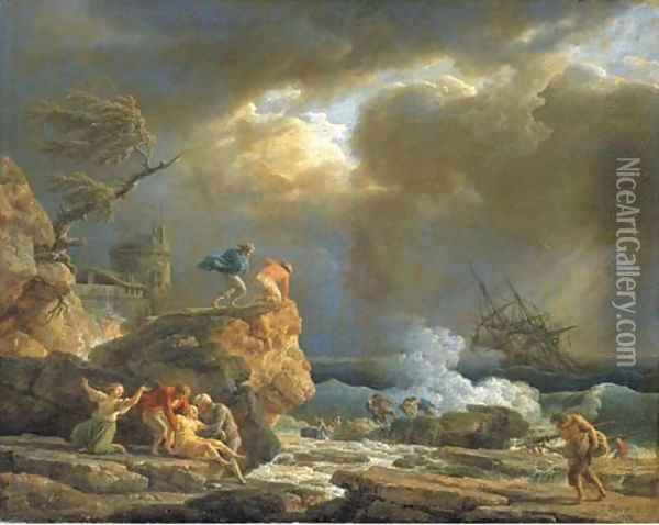 A Mediterranean rocky coastal landscape with survivors from a shipwreck, by a fortified tower Oil Painting - Claude-joseph Vernet