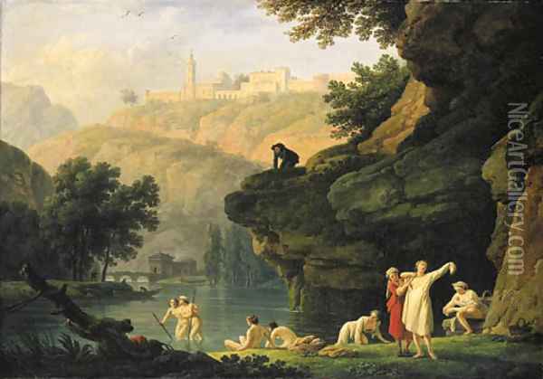 Les Baigneuses A mountainous landscape with bathers at a lake, a man looking on from an outcrop above Oil Painting - Claude-joseph Vernet
