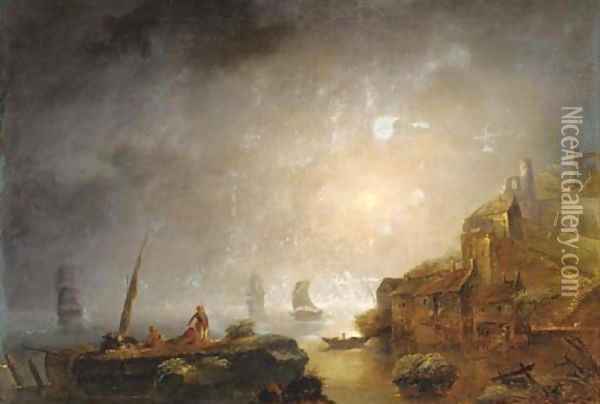A coastal landscape with figures on a rocky outcrop Oil Painting - Claude-joseph Vernet