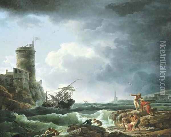 A storm with a shipwreck by a fortress, a castaway in the foreground Oil Painting - Claude-joseph Vernet