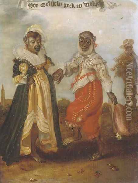 'Hoe oolijck geck en vrolijck' Two dancing monkeys dressed as a wealthy couple Oil Painting - Adriaen Pietersz. Van De Venne