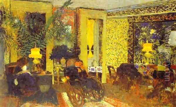 Interior. Sitting Room with Three Lamps, Saint-Florentin Street (Interieur. Le Salon aux trois lampes, rue Saint-Florentin) 1899 Oil Painting - Jean-Edouard Vuillard