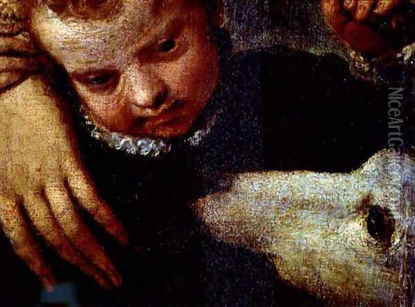 Portrait of a Woman with a Child and a Dog, detail of the heads of the child and the dog Oil Painting - Paolo Veronese (Caliari)