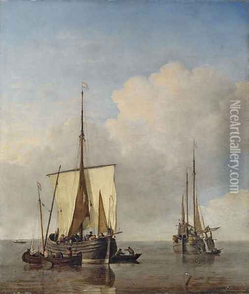 A hoeker and a fishing buss at anchor in a calm Oil Painting - Willem van de Velde the Younger