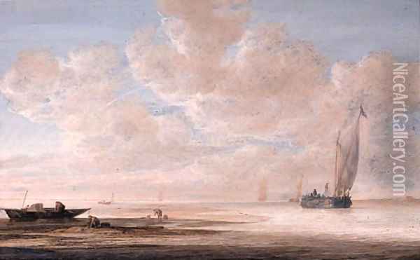 A calm fishermen at work on a sandbank with a wijdschip approaching a harbour nearby, other shipping beyond, at dawn Oil Painting - Simon De Vlieger