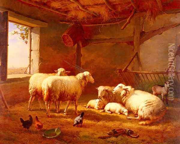 Sheep With Chickens And A Goat In A Barn Oil Painting - Eugene Verboeckhoven