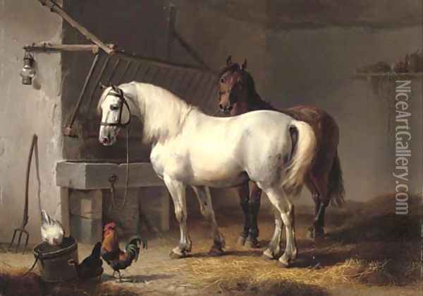 Horses and chickens in a barn interior Oil Painting - Eugene Verboeckhoven