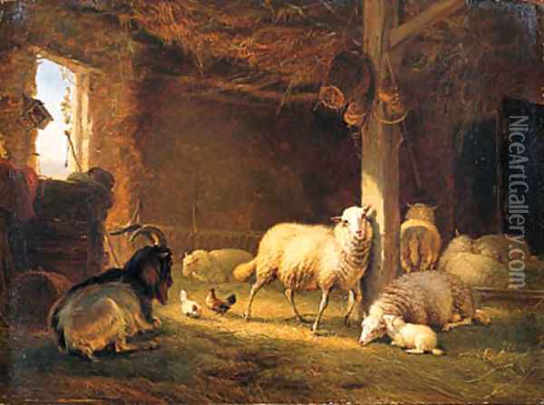 Sheep, Chicken and a Goat in a Barn Oil Painting - Eugene Verboeckhoven
