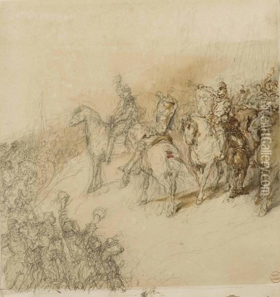 Un Regiment Precede De Soldats Trompettes Oil Painting - Eugene Isabey