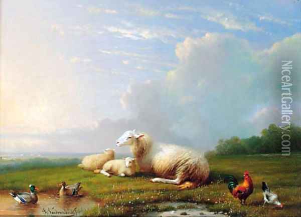 Sheep grazing with chickens and ducks Oil Painting - Franz van Severdonck