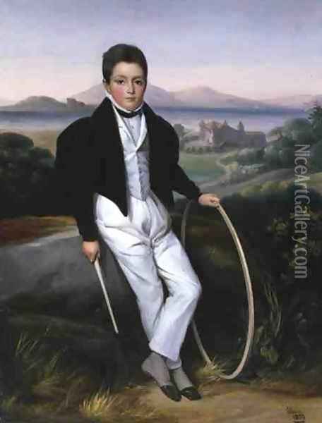Portrait of a Boy with a Hoop, said to be Ferdinando Maria of Savoy (1822-55) 1833 Oil Painting - Alexis Leon Louis Valbrun
