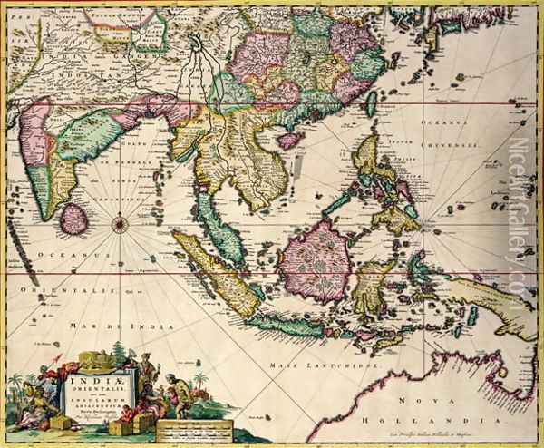 General map extending from India and Ceylon to northwestern Australia by way of southern Japan, the Philippines, the Malay Peninsula and the Indonesian archipelago Oil Painting - Nicolaes (Claes) Jansz Visscher