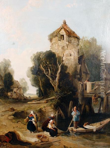 Figures On The River Bank, Before Atower Oil Painting - Henry John Boddington