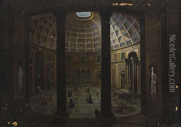 Interno Del Pantheon Con Figure Oil Painting - Carlo Bossoli