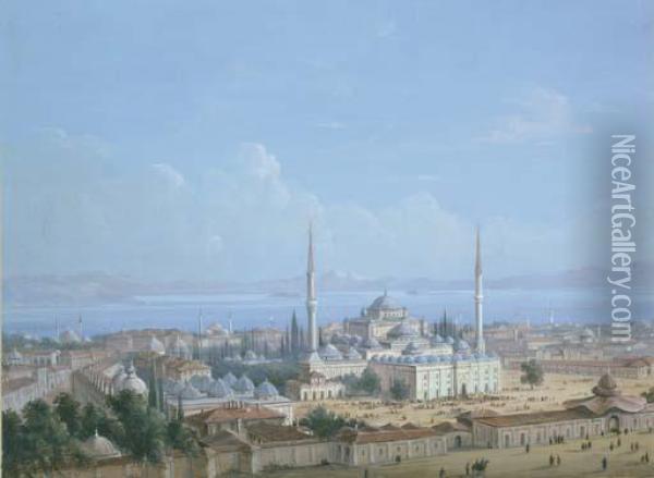 The Sultan Beyazit Ii Mosque 
Complex With A View Of The Golden Horn Beyond, Constantinople Oil Painting - Carlo Bossoli