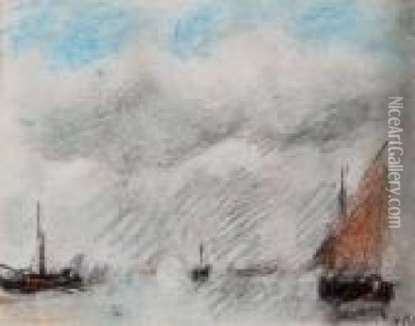 A Shipping Scene In The Manner Of Turner Oil Painting - Hercules Brabazon Brabazon