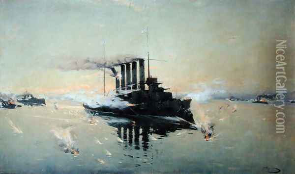 Cruiser Askold fighting on July 28th 1904 in the Yellow Sea, 1906 Oil Painting - Konstantin Veshchilov