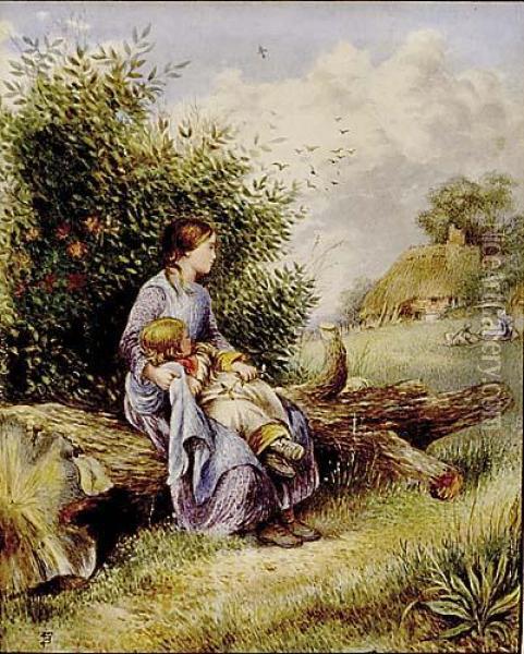 Children In Country Landscape Oil Painting - Myles Birket Foster