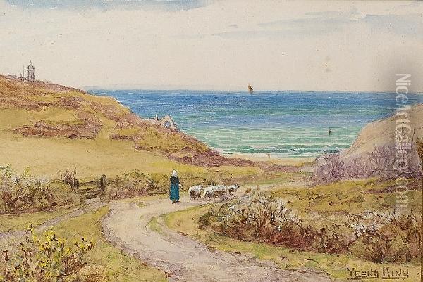 View Of The South Coast; A Thatched Cottage Oil Painting - Henry John Yeend King