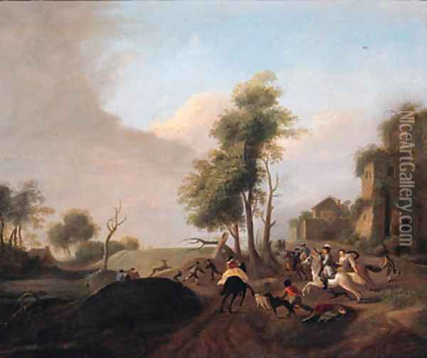 A stag hunt Oil Painting - Carel van Falens or Valens