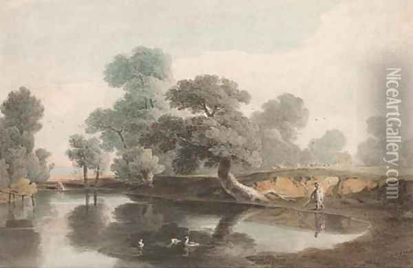 A shepherd by a tree-lined pond Oil Painting - John Varley