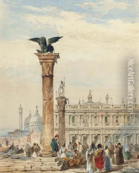 Figures Congregating Below The Lion Column, On The Piazzetta,venice Oil Painting - Edward Pritchett