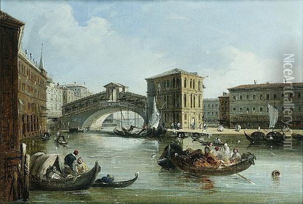 The Entrance To The Cannaregio, Venice; The Rialto Bridge, Venice Oil Painting - Edward Pritchett