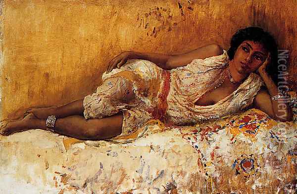 Moorish Girl Lying On A Couch Rabat Morocco Oil Painting - Edwin Lord Weeks