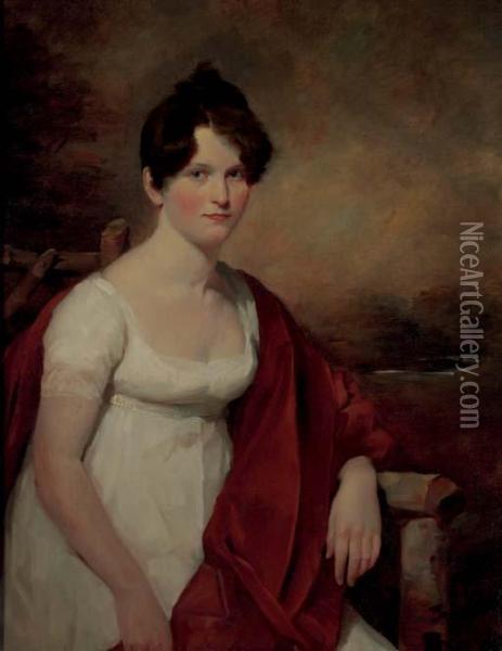 Portrait Of Mrs. Catherine Deas 
(nee Low), Three-quarter Length, In A White Empire Gown And Red Velvet 
Shawl, A Landscape Beyond Oil Painting - Sir David Wilkie