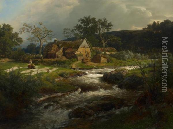 Landschaft Mit Bauernhaus Und Wildbach Oil Painting - Andreas Achenbach