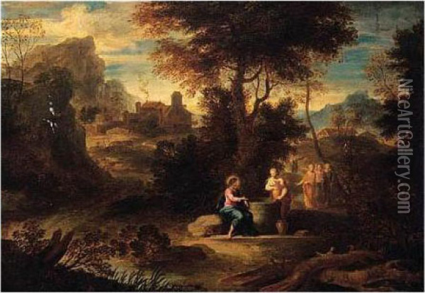 A Landscape With Christ And The Woman Of Samaria Oil Painting - Etienne Allegrain