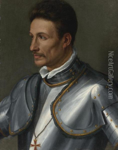 Portrait Of A Knight Wearing The Cross Of The Order Of Saint Stephen Oil Painting - Alessandro Allori