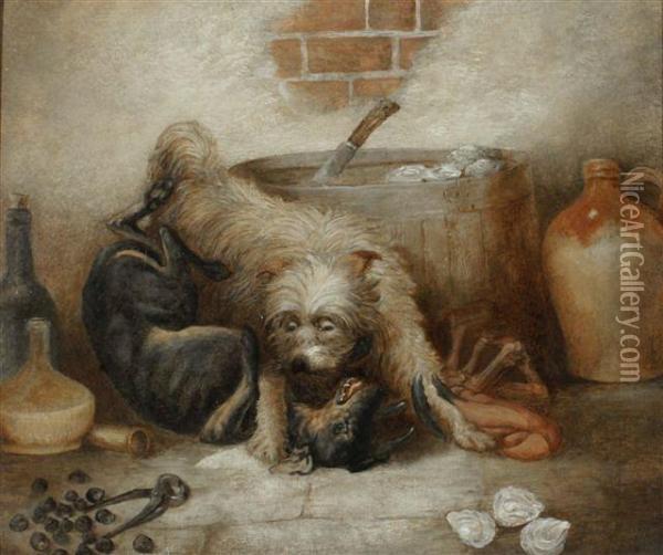 Dogs Fighting Beside Jugs Oil Painting - George Armfield