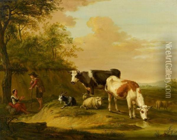 Shepherds With Cattle On The Pasture Oil Painting - Hendrikus van den Sande Bakhuyzen