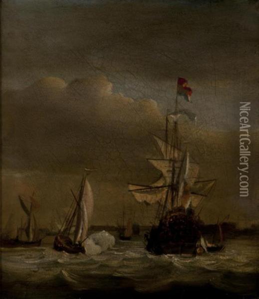 A Dutch Man-o'-war & Other Vessels In An Estuary Oil Painting - Ludolf Backhuysen