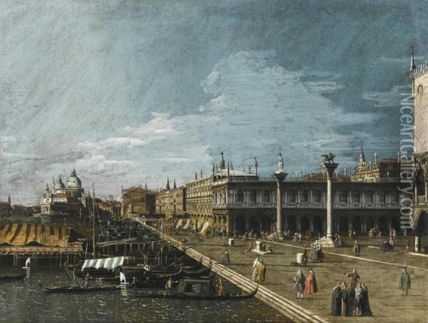 Venice, A View Along The Molo, Looking West, Towards The Punta Della Dogana Oil Painting - Bernardo Bellotto