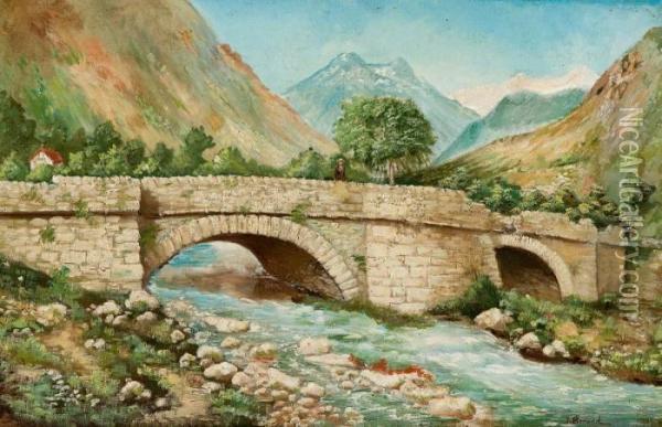 River Landscape With Bridge Oil Painting - Jean-Georges Beraud