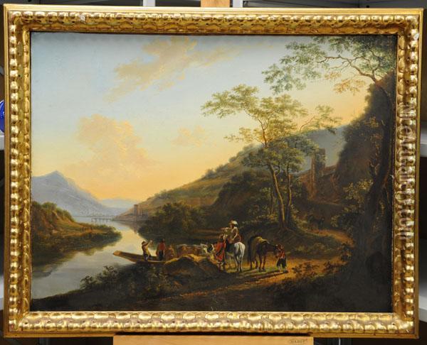 Cattle Being Led Off A Ferry 
Boat With Figures And Horses Standing By In Extensive Landscape Oil Painting - Jan Both
