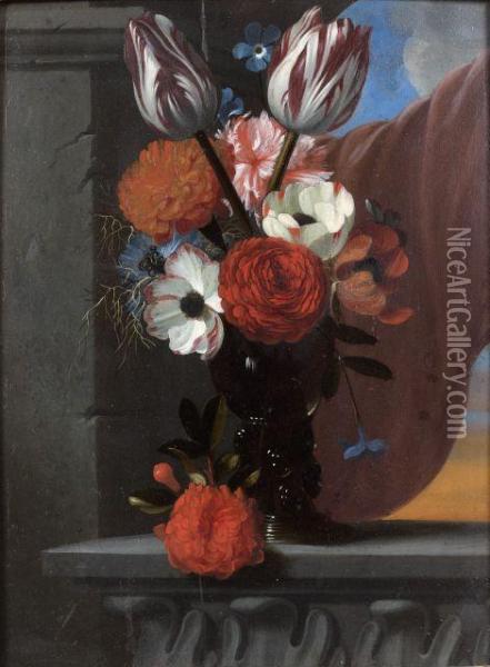 Oeillets, Tulipes Et Pensees Dans Un Vase Pose Sur Un Entablement Oil Painting - Michel Bouillon