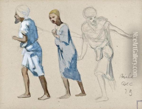 Three Studies Of Figures Towing A Dahabiya, Egypt Oil Painting - Frederick Arthur Bridgman