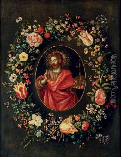 Christ Benissant Entoure D'une Guirlande De Fleurs Oil Painting - Jan The Elder Brueghel