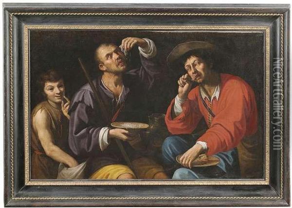 Bauern Beim Pastaessen Werden Von Einem Strasenjungen Ausgeraubt Oil Painting - Michelangelo Merisi Da Caravaggio