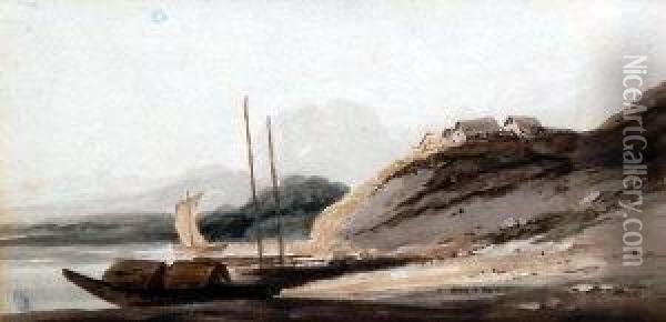 Beached Vessel With Cottages In A Tranquil Coastal Landscape Oil Painting - George Chinnery
