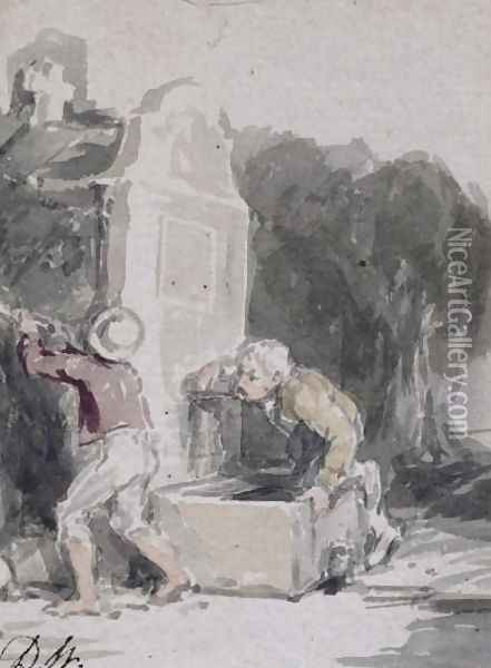 Boys Playing by a Fountain Oil Painting - Sir David Wilkie
