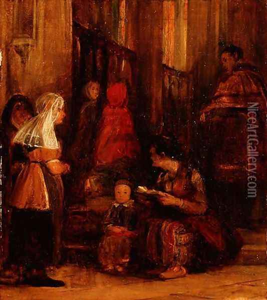 Seven Figures in a Church Oil Painting - Sir David Wilkie