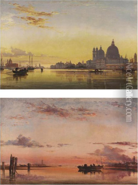 Sunset On The Lagoon Of Venice, 
Church Of Isola Di San Giorgio In Alga In The Distance; And Santa Maria 
Della Salute, Venice: Evening Oil Painting - Edward William Cooke