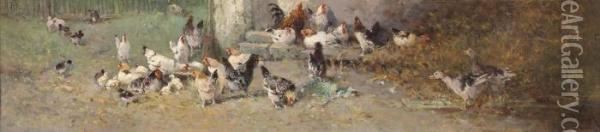 Chickens In A Yard Oil Painting - Alexandre Defaux