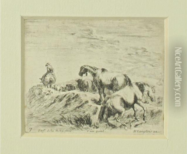 Due Cavalli Dopo Il Guado,piu Lontano Un Mandriano A Cavallo Oil Painting - Stefano della Bella